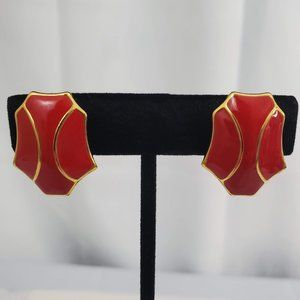 Vintage Monet Clip On Red Enamel Gold Tone Trim Earrings